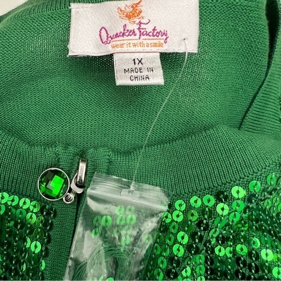 Quacker Factory Green Zip Up Sequin Sweater, size 1X - NWOT - Picture 3 of 4